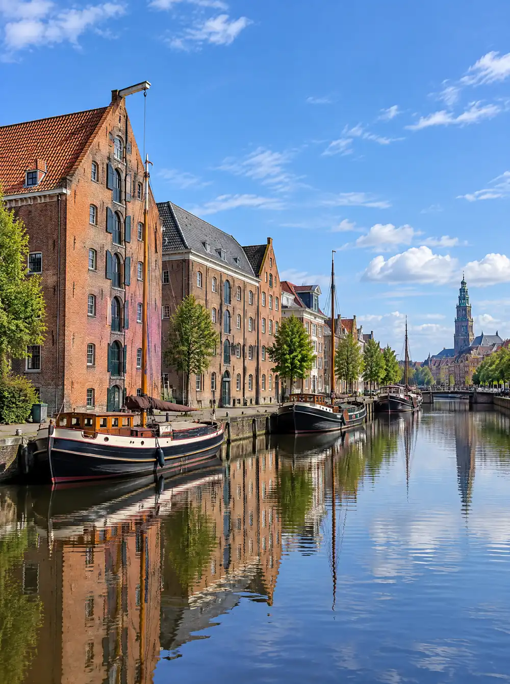 De Hoge der A in Groningen met pakhuizen en boten